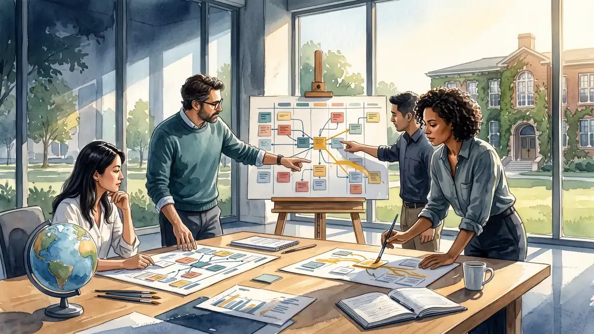 Colleagues reviewing scale models and plans in architectural watercolor and gouache