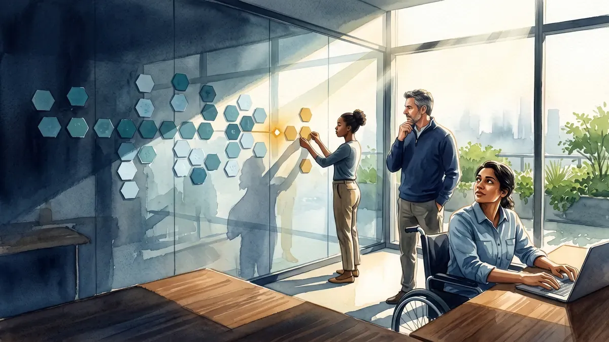 A collaborative planning room painted in architectural watercolor and gouache